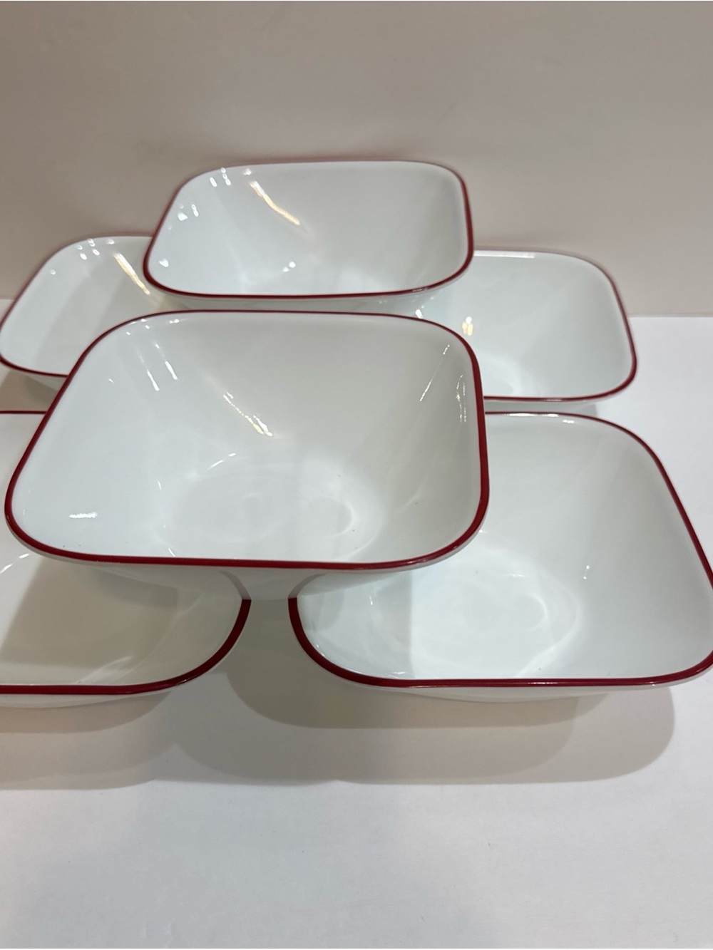 Corelle VITRELLE Square WHITE W/RED RIM Soup Cereal Bowl ~ Set of 6